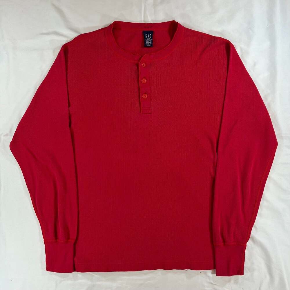 Vintage 90s GAP Henley Shirt Mens L Red Ribbed Long Sleeve Made in USA Grunge